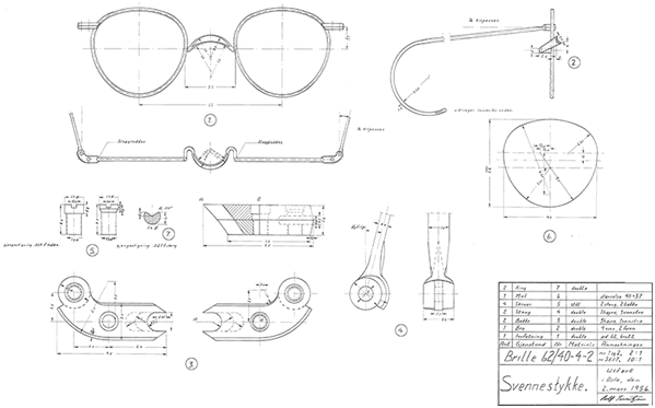 A detailed technical illustration of panto glasses, highlighting key components such as the temples (side arms), bridge (nose piece), and lens fittings (frame connections). The drawing provides precise measurements and assembly details for each part.
