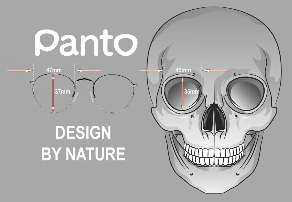 Anatomical diagram comparing the human eye orbit measurements (45mm x 35mm) to the standard Panto lens dimensions (47mm x 37mm).