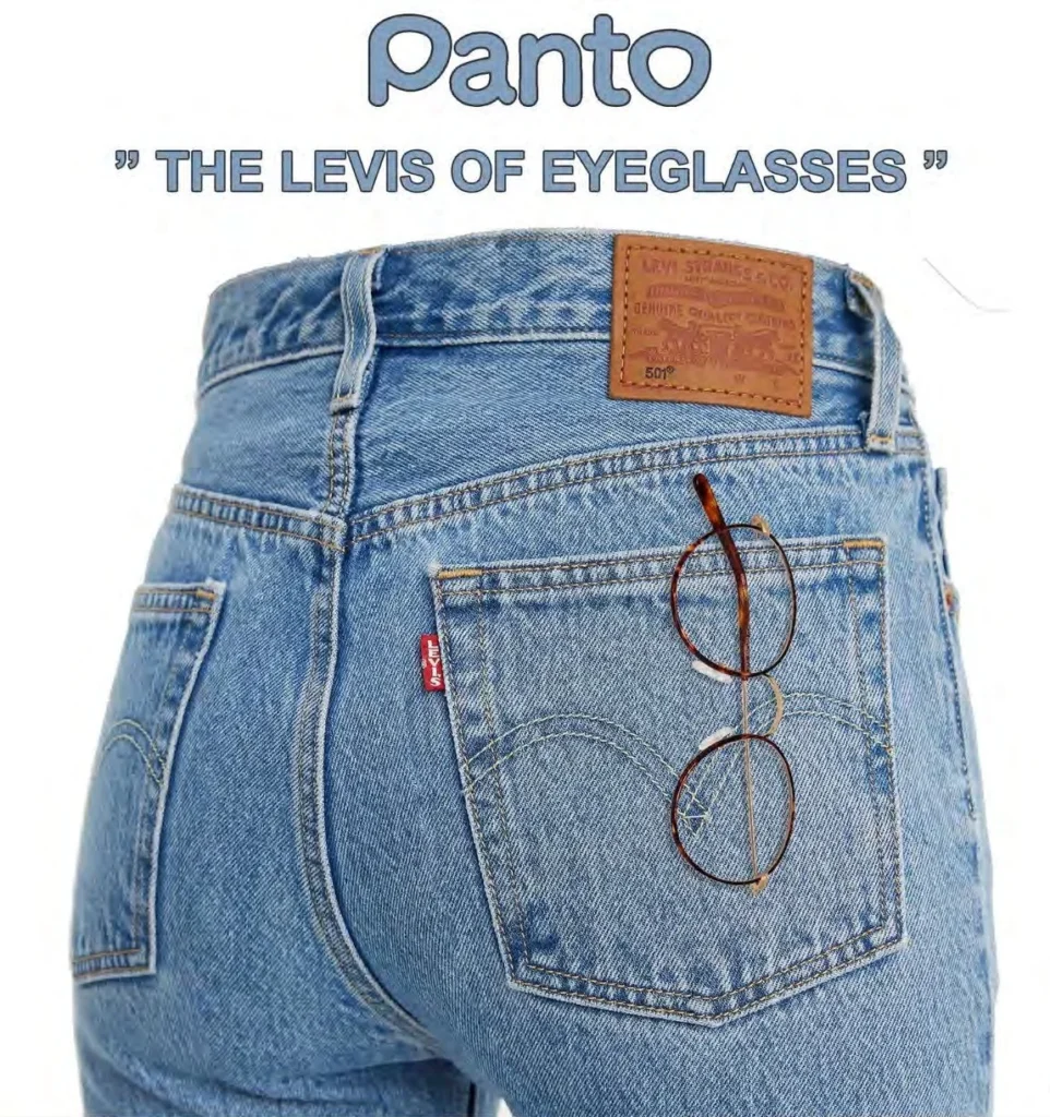 A pair of classic Panto eyeglasses tucked into a denim pocket, symbolizing the timeless "Levi's 501" status of the design.