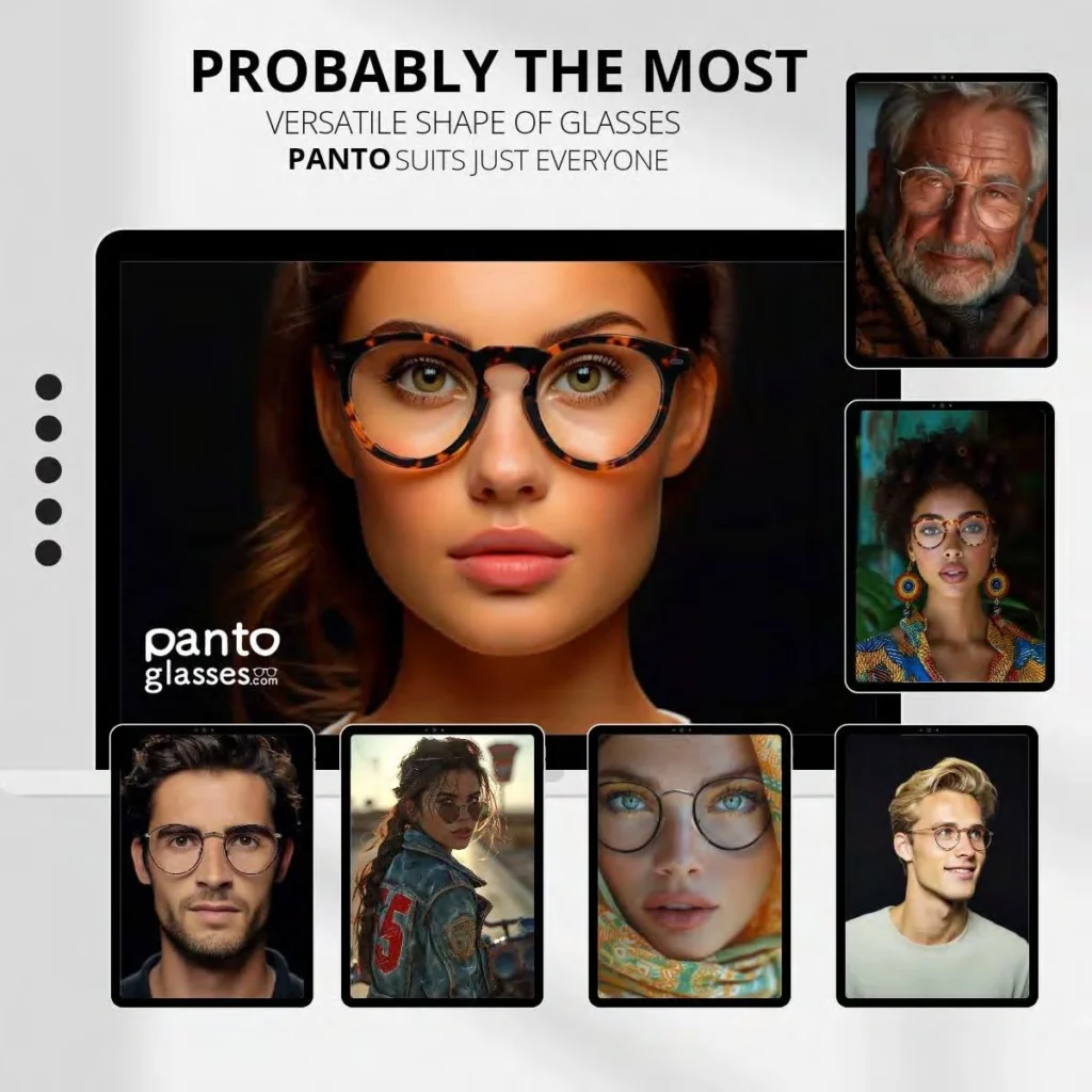 A grid of various face shapes demonstrating why the geometric balance of Panto frames is universally flattering.