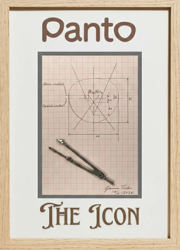 Technical blueprint of an authentic Panto eyeglass frame showing the original 1930s geometric design and high-hinge placement.